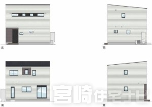 立面図掲載中。各立面図（東・西・南・北）から建物の形状・窓の配置・屋根勾配などがご確認いただけます。