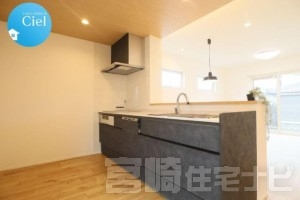 【キッチン(人造大理石の天板)】キッチンは人造大理石の天板を使用。人造大理石は汚れが付きにくく、水垢も目立ちにくいので、お掃除は比較的に楽で水まわり設備に適した素材です。