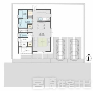 敷地内に2台の駐車スペースを確保。前面道路は約4.7mです。