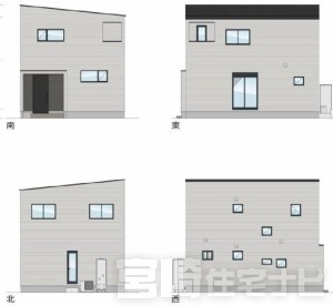 立面図掲載中。各立面図（東・西・南・北）から建物の形状・窓の配置・屋根勾配などがご確認いただけます。