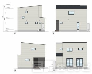 <p>立面図掲載中。各立面図（東・西・南・北）から建物の形状・窓の配置・屋根勾配などがご確認いただけます。</p>
