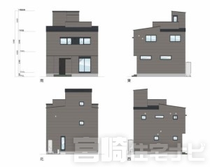 立面図掲載中。各立面図(東・西・南・北)から建物の形状・窓の配置・屋根勾配などがご確認いただけます。