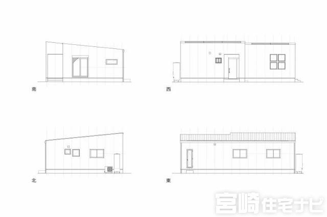 立面図掲載中。各立面図(東・西・南・北)から建物の形状・窓の配置・屋根勾配などがご確認いただけます。