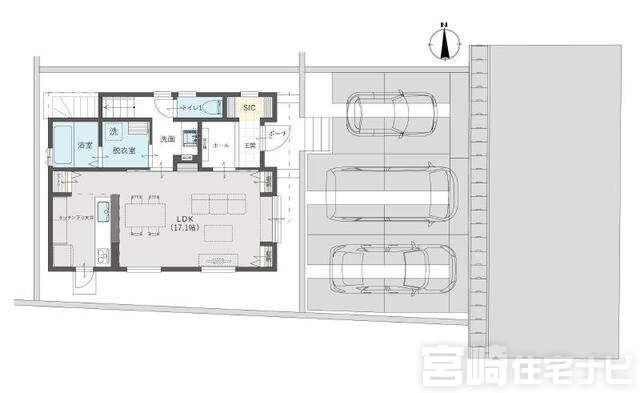 <p>敷地内に3台の駐車スペースを確保。<br />
前面道路は約6mで、車の出し入れもスムーズです。</p>
