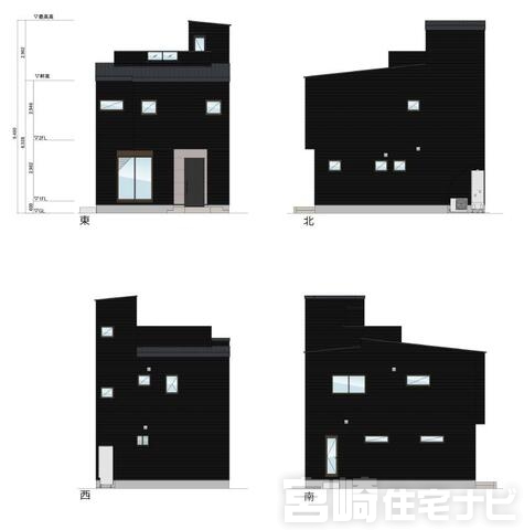 <p>立面図掲載中。各立面図（東・西・南・北）から建物の形状・窓の配置・屋根勾配などがご確認いただけます。</p>
