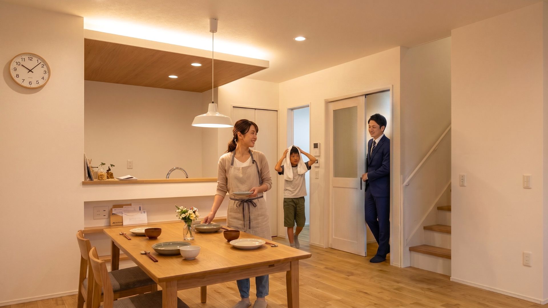 家族の安心と、心地よさをデザインした住まい。目に見えない部分の安心にもこだわり、土台や柱には耐久性の高いヒノキ材を、さらに地震の揺れを抑える制震ダンパーを採用しました。リビングに隣接した多目的な「畳スペース」は小さなお子様のお昼寝や遊び場としてはもちろん、洗濯物を畳むちょっとした家事スペースとしても大活躍します。