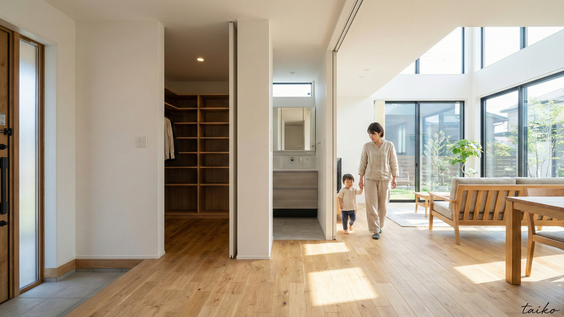 家族の安心と、心地よさをデザインした住まい。目に見えない部分の安心にもこだわり、土台や柱には耐久性の高いヒノキ材を、さらに地震の揺れを抑える制震ダンパーを採用しました。リビングに隣接した多目的な「畳スペース」は小さなお子様のお昼寝や遊び場としてはもちろん、洗濯物を畳むちょっとした家事スペースとしても大活躍します。