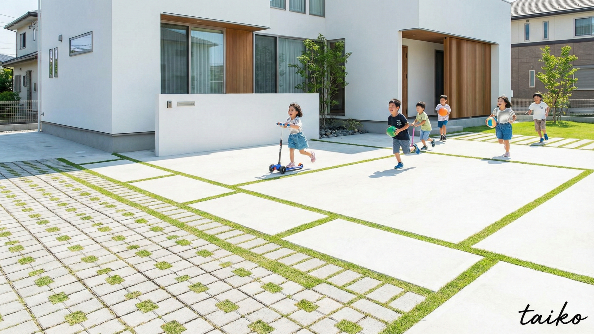 最大駐車6台可能。ゆとりの敷地計画。前面道路も広く、運転が苦手な方でも安心の車庫入れ。バーベキューも楽しめるスペースや、郵便ポスト・宅配ボックスなどの外構も完成済みの状態でお引渡しします。