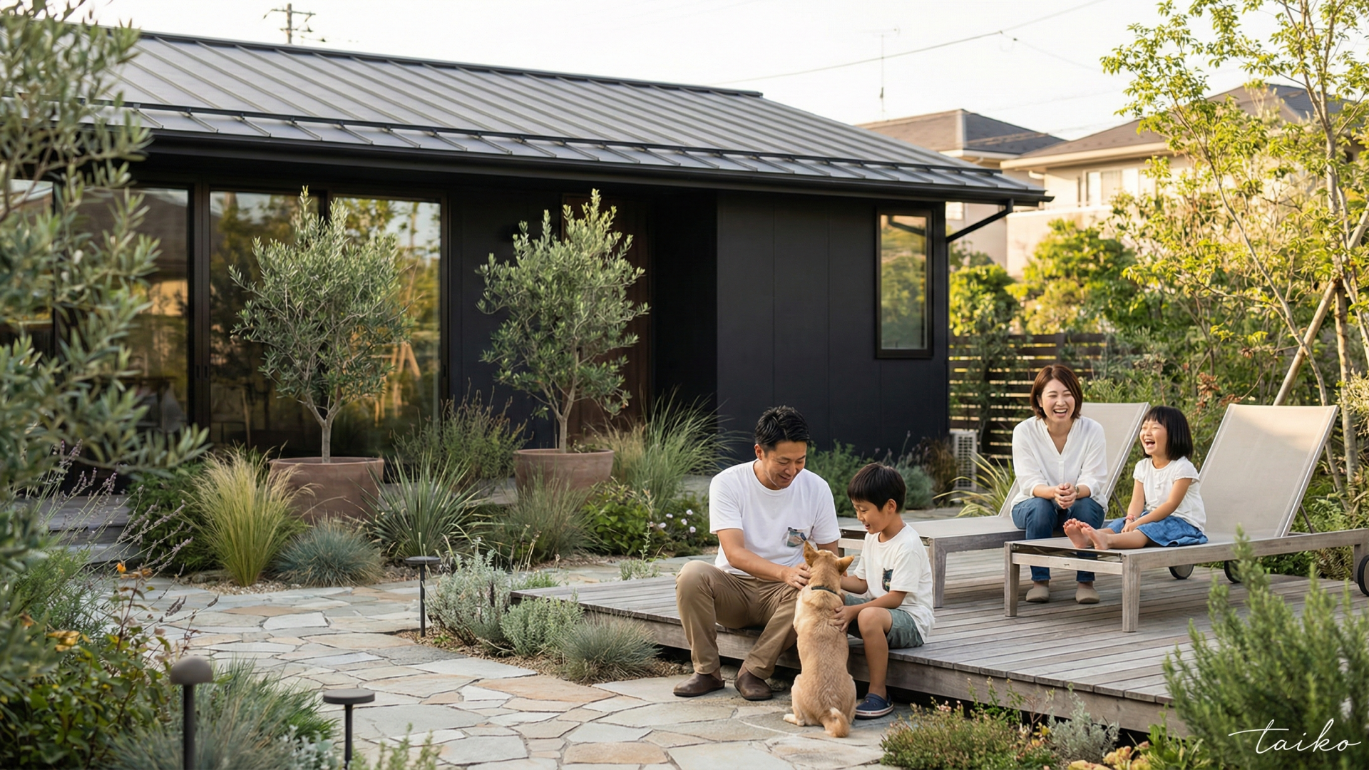ゆとりある敷地計画と、メンテナンスフリーな外構。中心部でありながら、駐車スペースを確保したゆとりの敷地配置。建物周りには防草シートと砂利敷きを施し、面倒な草むしりの手間を軽減します。プライバシーに配慮しつつ、街並みと調和する外構デザインが、邸宅としての品格を高めます。