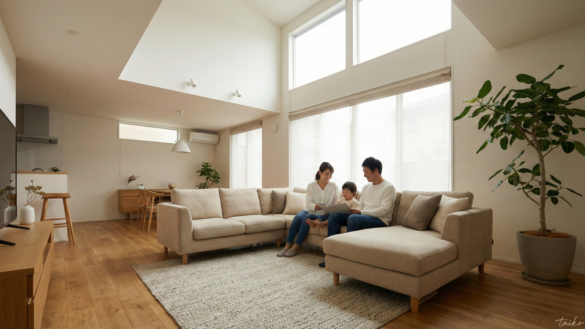 ワンフロアで完結する、ストレスフリーな生活動線。3SLDKのゆとりある間取りは、光と風の通り道を計算し尽くした設計。勾配天井から降り注ぐ柔らかな光が、リビング全体を明るく包み込みます。家事動線は回遊性を高め、毎日の負担を軽減。各居室のクローゼットに加え、玄関のシューズクロークやパントリーなど、適材適所の収納計画が「散らからない暮らし」をサポートします。