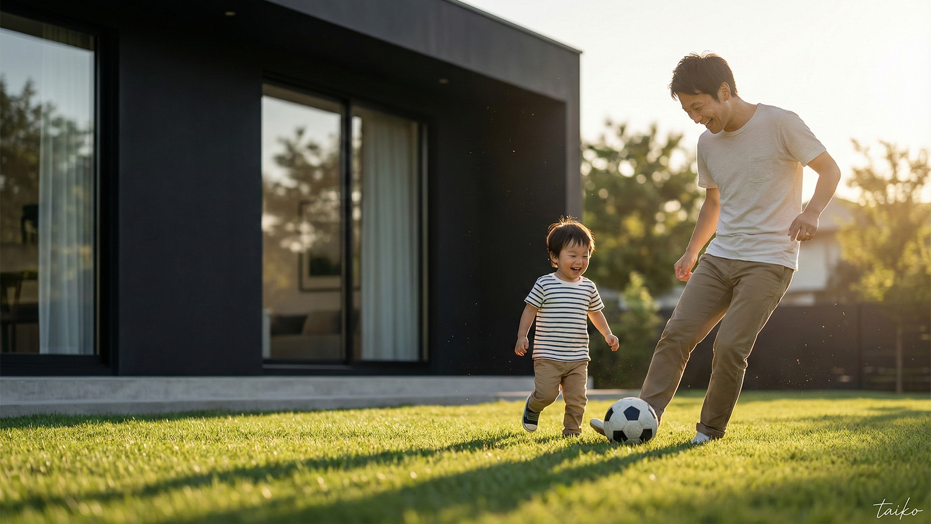 広々とした間口12mを活かし、土間コンクリート舗装で「並列3台」の駐車スペースを確保しました。毎日の車の出し入れや、来客時もスムーズです。また、不在時に重宝する宅配ボックスを完備。建物まわりには防草シートと砂利敷きを標準採用し、面倒な草むしりの手間を省く、暮らしやすさにこだわった外構デザインです