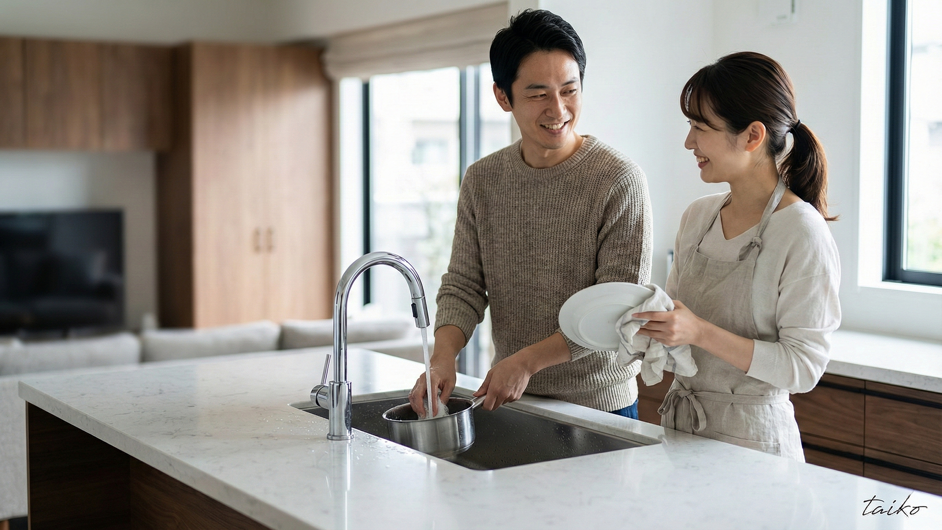 毎日の家事を助ける深型食洗機やタッチレス水栓などの充実した標準設備に加え、日用品や食品をたっぷりストックできる大型パントリーを設置。さらに、ご家族が並んで使えるほど広々とした洗面化粧台と便利な隣接収納を備え、忙しい朝の身支度もスムーズに行えます。