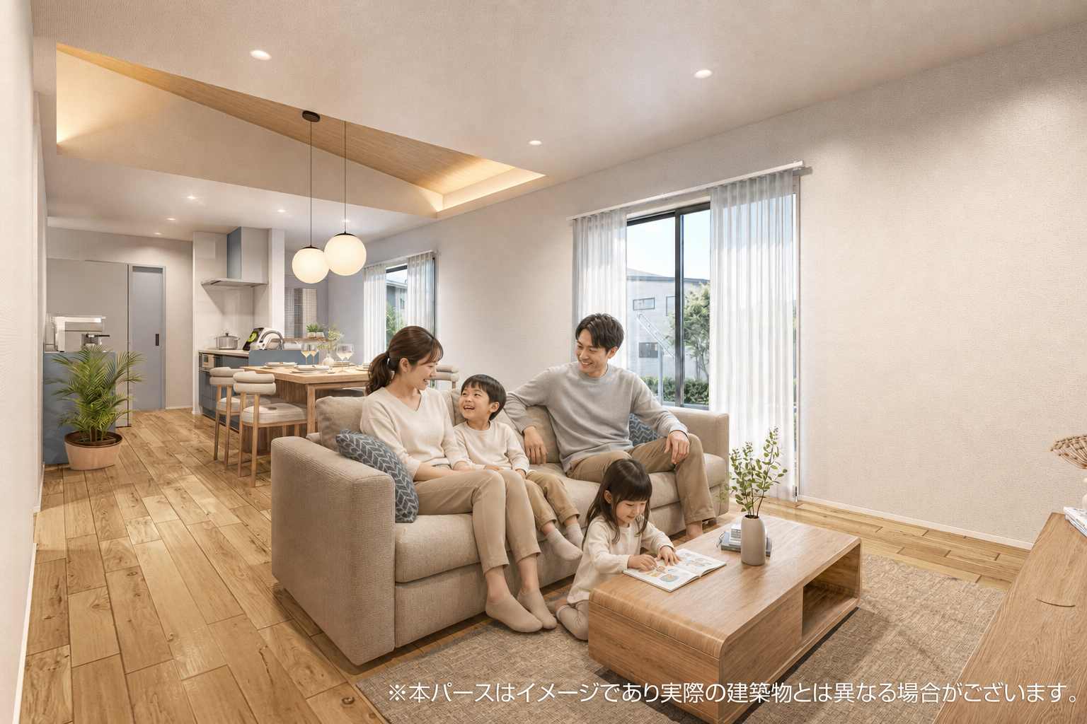 スタイリッシュな黒の外観デザインと、駐車4台可能なゆとりの敷地が魅力の平屋。室内には、勾配天井と下り天井のコントラストにより「開放感」と「心地よい落ち着き」を両立した21帖の大空間LDKが広がります。来客時も安心の洗面脱衣分離や、適材適所の収納を繋ぐ無駄のない「家事ラク動線」を備え、ご家族の快適な暮らしをデザインしました。