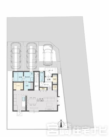 <p>敷地内に3台の駐車スペースを確保。<br />
前面道路は約6mで、車の出し入れもスムーズです。</p>
