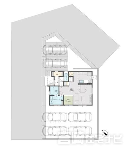 <p>敷地内に最大6台の駐車スペースを確保。<br />
前面道路は約6mで、車の出し入れもスムーズです。</p>
