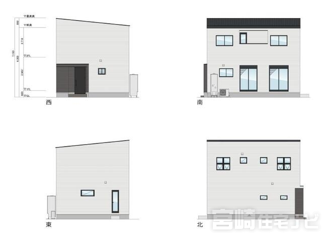 <p>立面図掲載中。各立面図（東・西・南・北）から建物の形状・窓の配置・屋根勾配などがご確認いただけます。</p>
