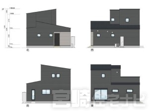 <p>立面図掲載中。各立面図（東・西・南・北）から建物の形状・窓の配置・屋根勾配などがご確認いただけます。</p>
