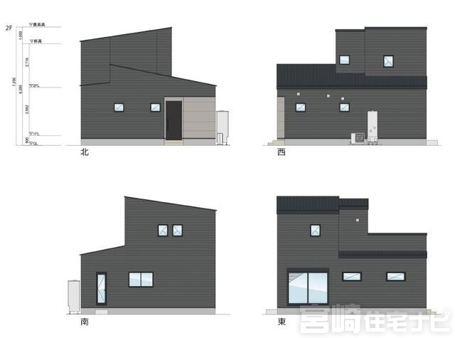 <p>立面図掲載中。各立面図（東・西・南・北）から建物の形状・窓の配置・屋根勾配などがご確認いただけます。</p>
